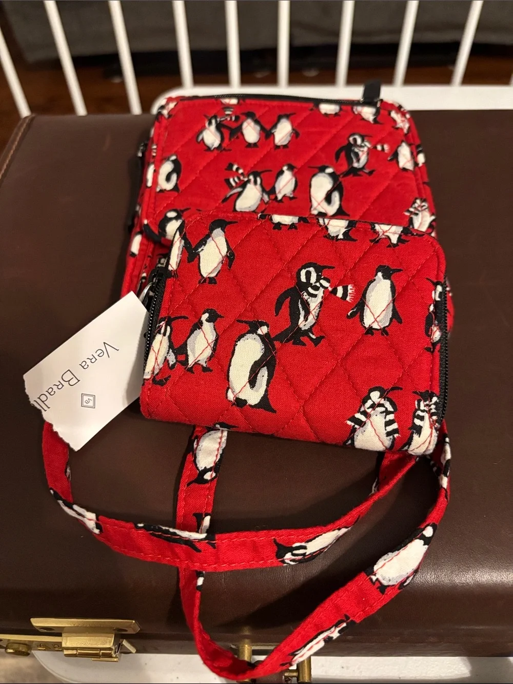 Vera Bradley Red Quilted Crossbody Phone Bag with Penguin Print